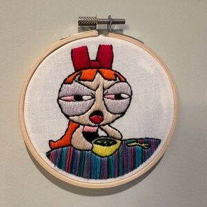 PowerPuff Girls Cartoon Disgusted Blossom with Soup Finished Embroidery Art